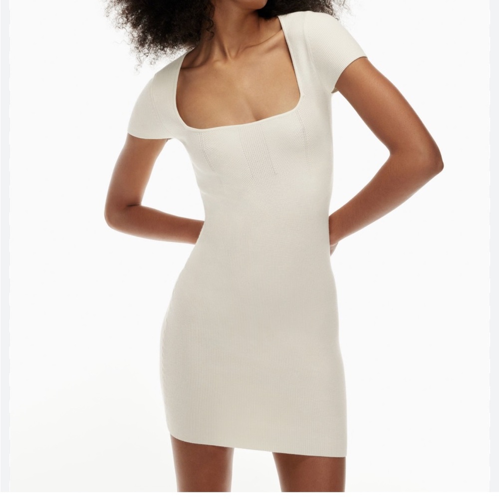 Aritzia Cream Ribbed Short Sleeve Mini Dress